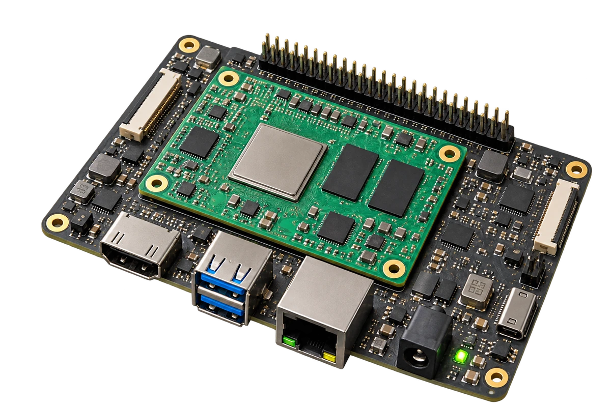 Concept embedded board with a compute module, processor, GPIO header, USB ports and Ethernet connector.